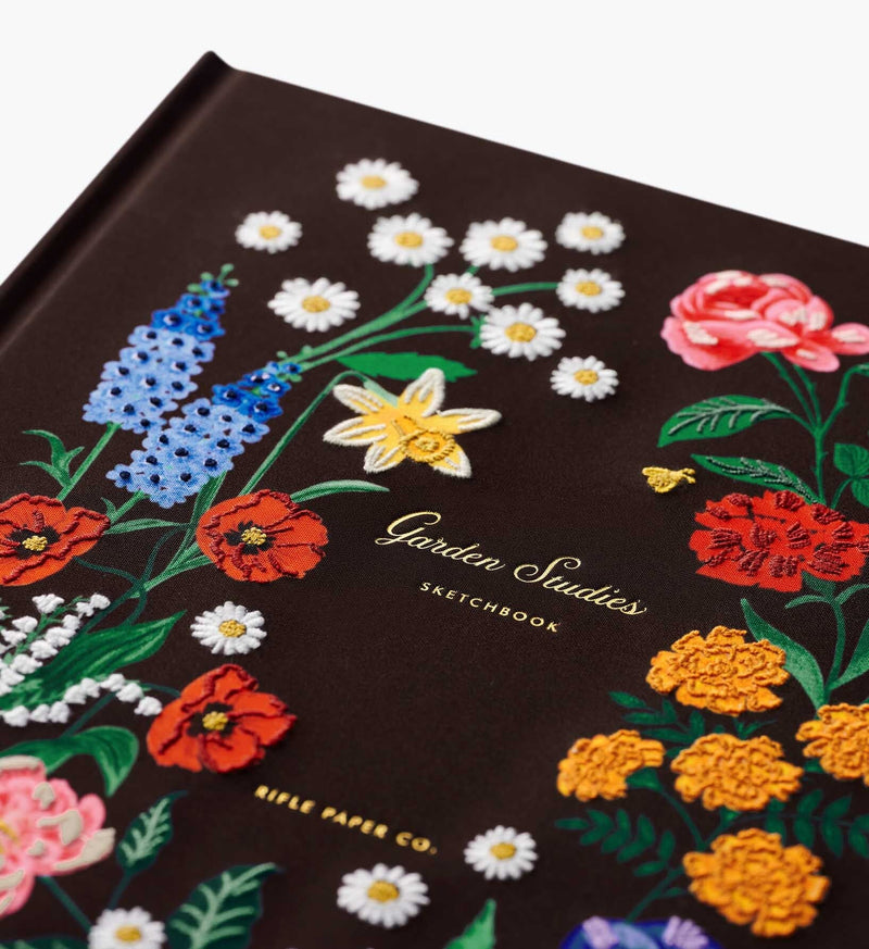 Floral design sketchbook with 'Garden Studies' and 'Bible Paper Co.' branding on a white background
