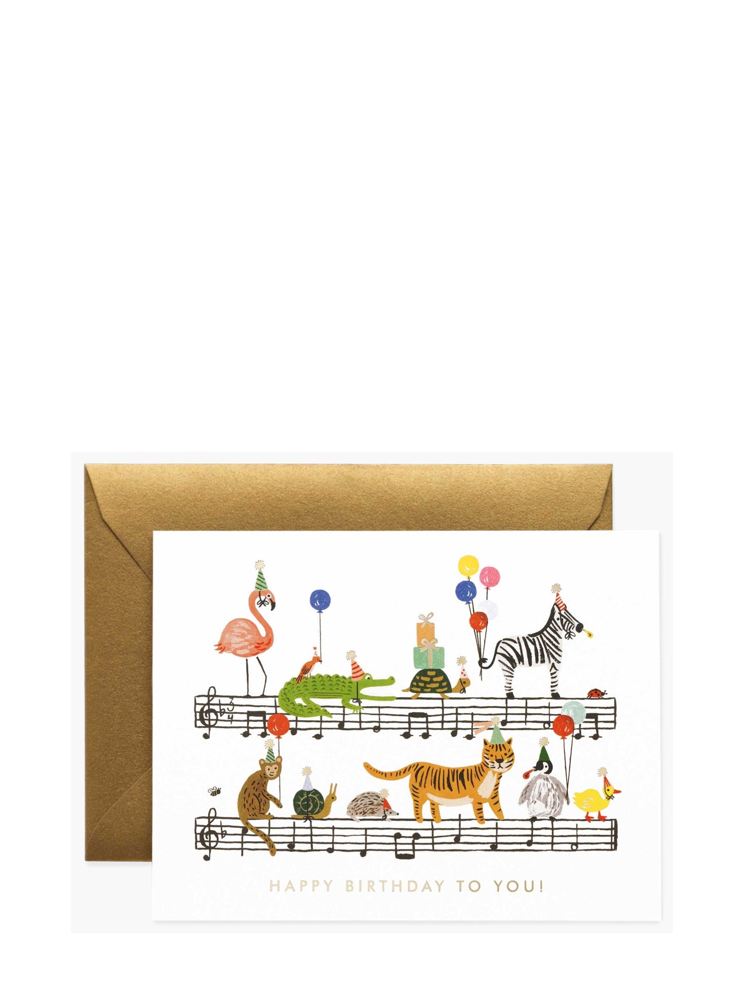 A greeting card with a musical theme and various animated animals depicted on it, accompanied by a metallic gold envelope.