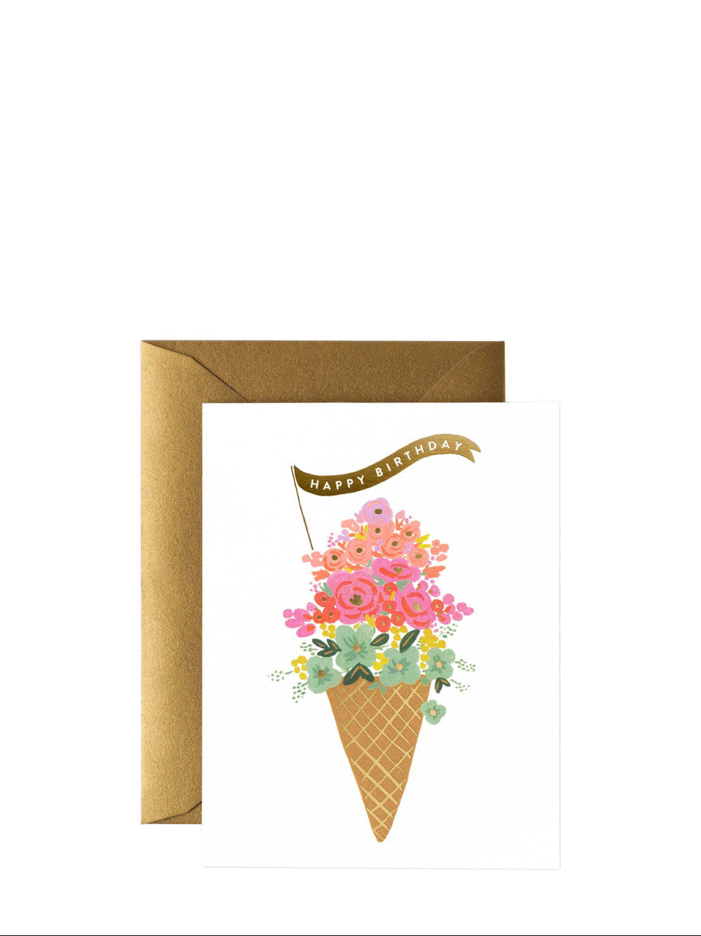 Greeting card with a floral ice cream cone design and 'Happy Birthday' text on a white background.