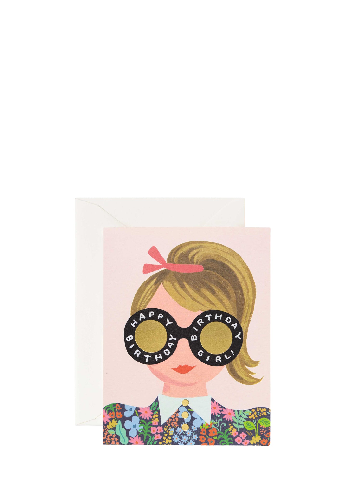 Greeting card with illustration of a girl wearing sunglasses and text 'Happy Birthday Girl' on a white background