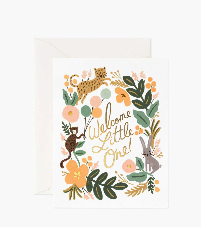New baby card with animals and flowers and 'Welcome Little One!' text on a white background