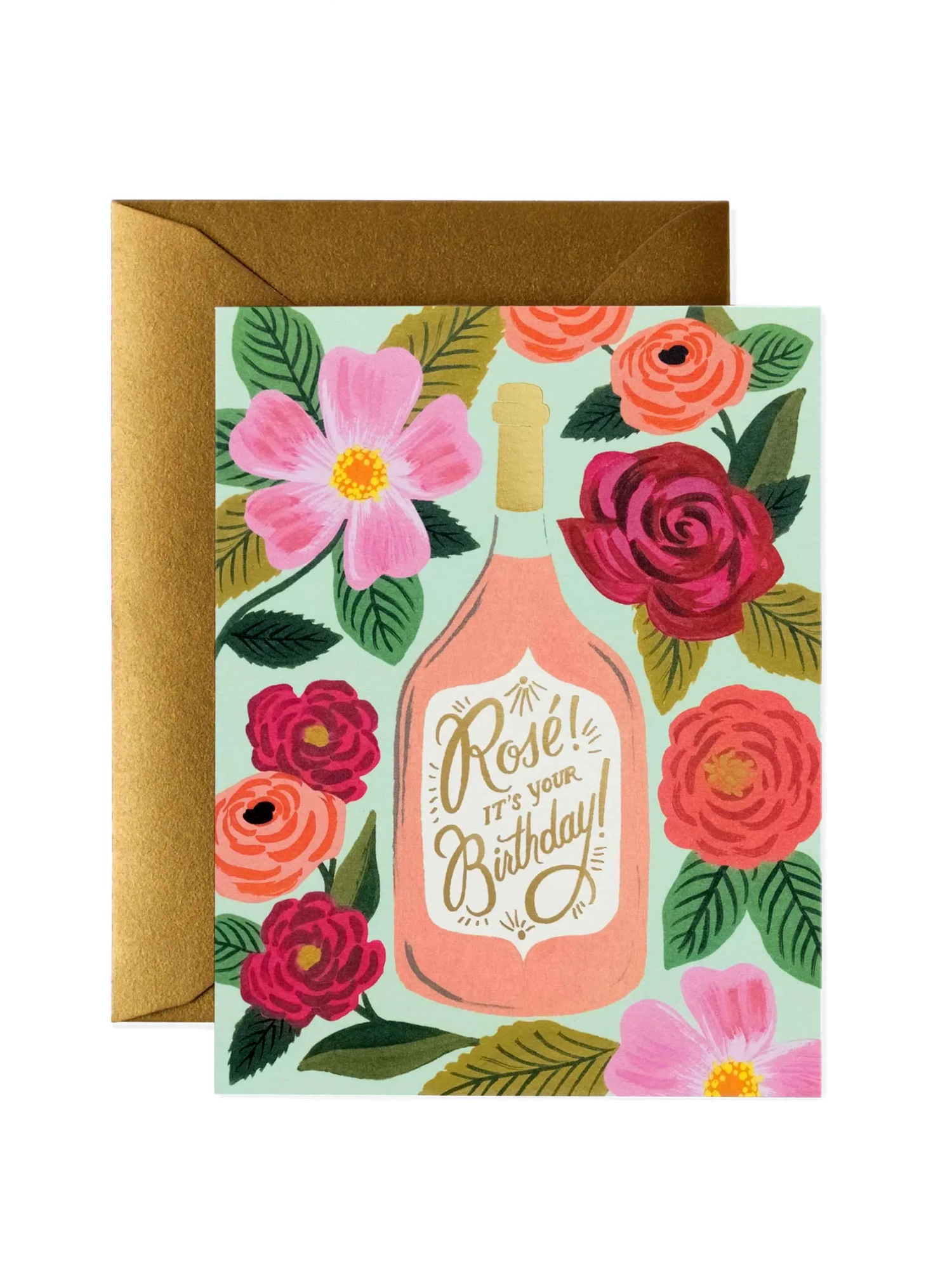 A birthday card with a floral pattern and a bottle illustration, with a envelope behind it.