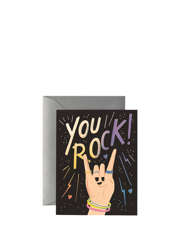 Greeting card with 'You Rock!' text and hand gesture on a black background