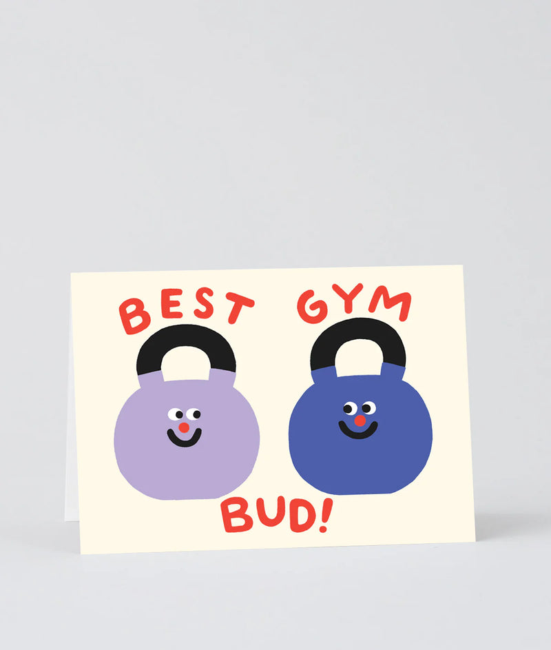 Card with two cartoon kettlebells and text 'BEST GYM BUD!' on a light gray background