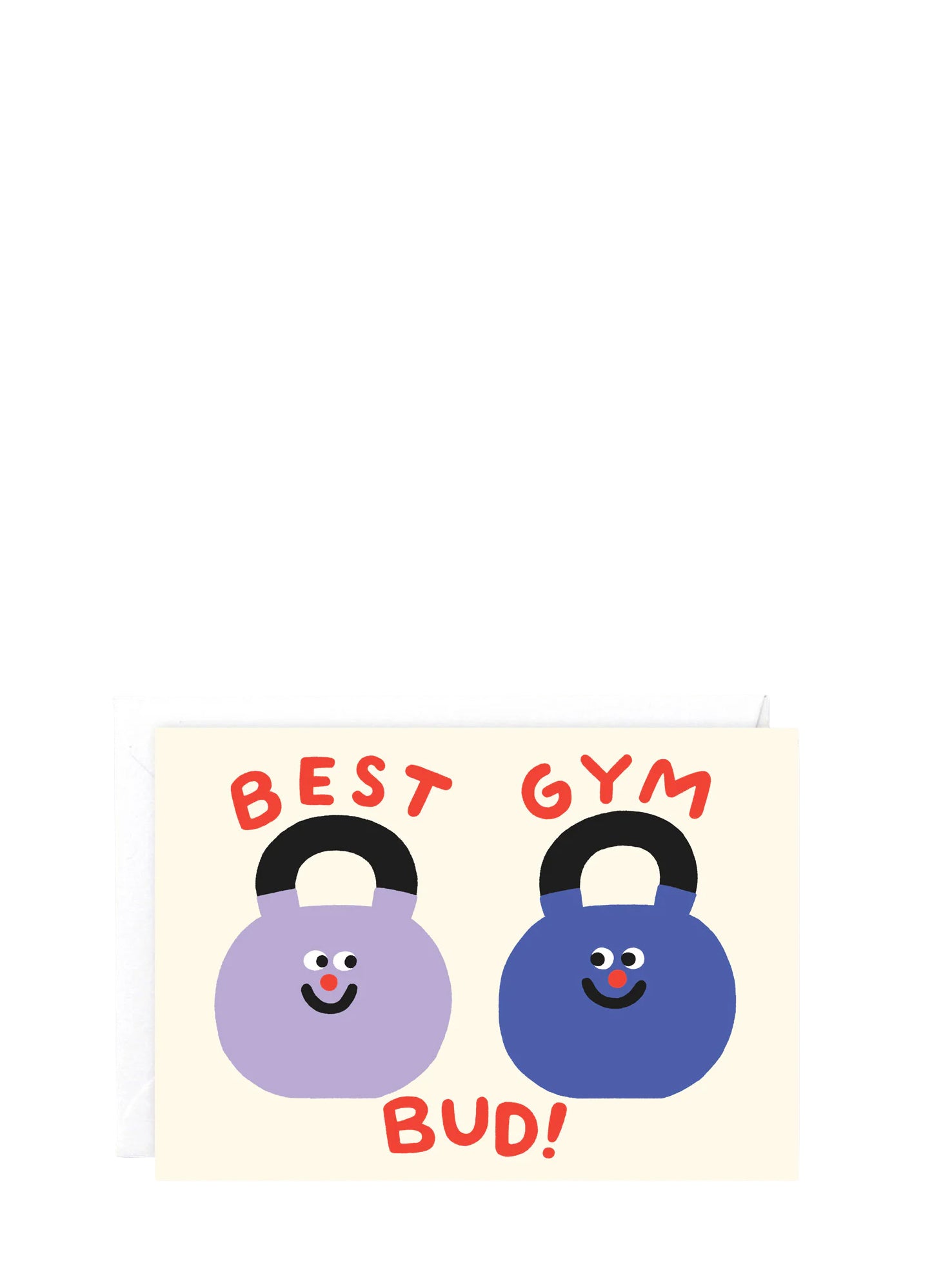 Two cartoon kettlebells with faces and text 'BEST GYM BUD!' on a white background