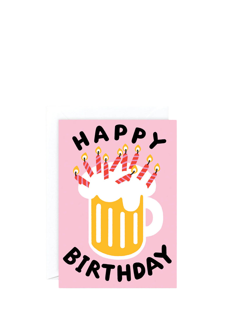 Happy Birthday card with a beer mug and candles on a pink background