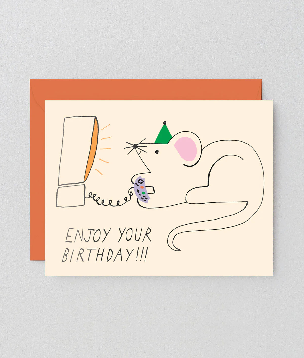 Birthday card with a gaming mouse illustration on a light gray background