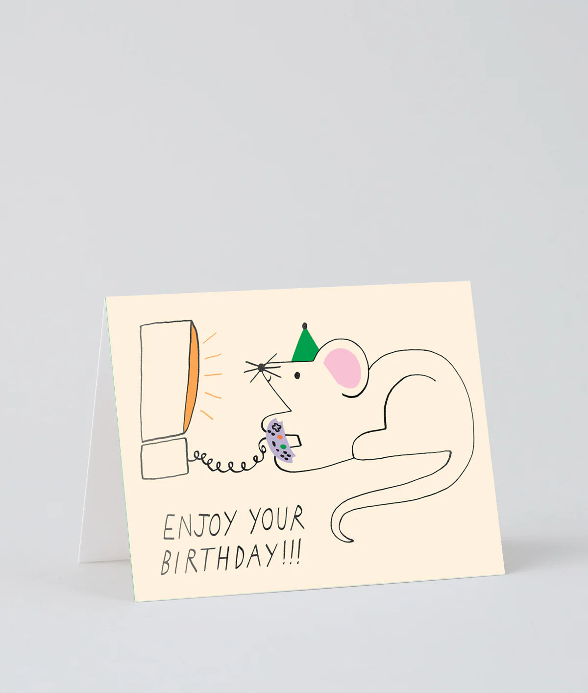Birthday card with a cartoon mouse playing video game and text 'Enjoy your birthday!!!' on a light gray background