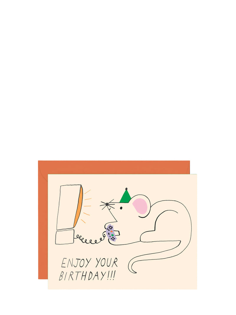 Birthday card with a mouse wearing a party hat and playing video game and the text 'Enjoy your birthday!!!'.