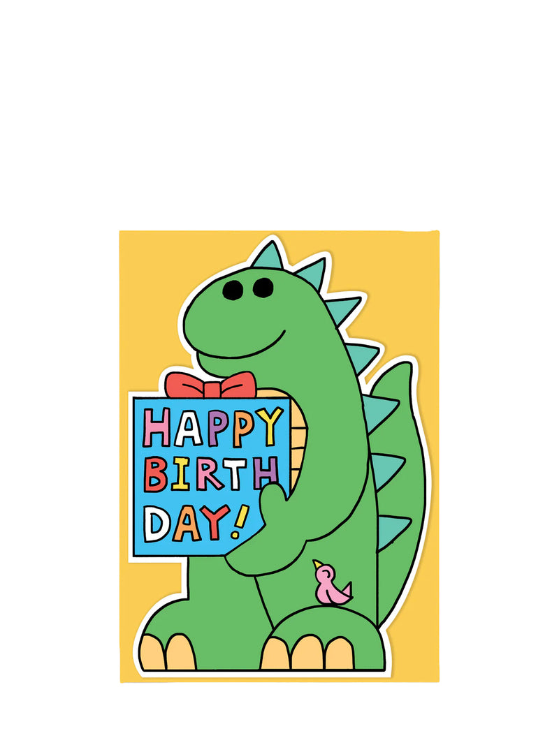 Birthday card with a green dinosaur holding a 'Happy Birthday!' sign on a yellow background