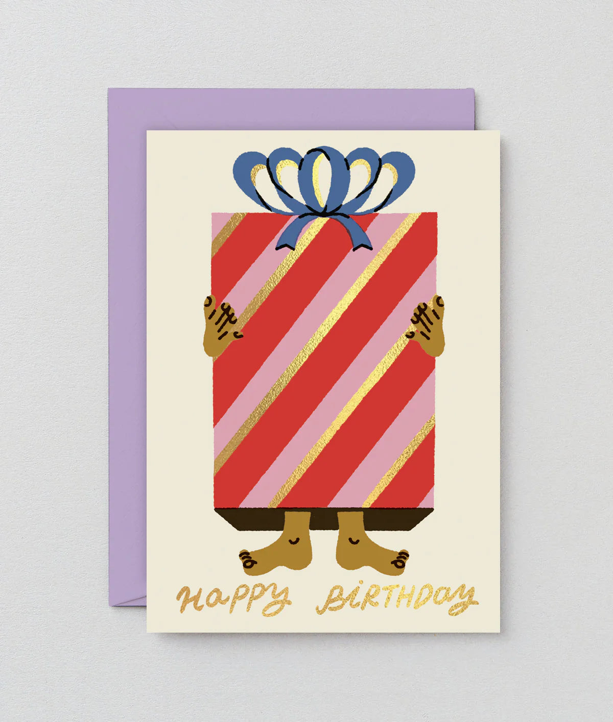Birthday card with a red striped gift box and blue bow on a light gray background