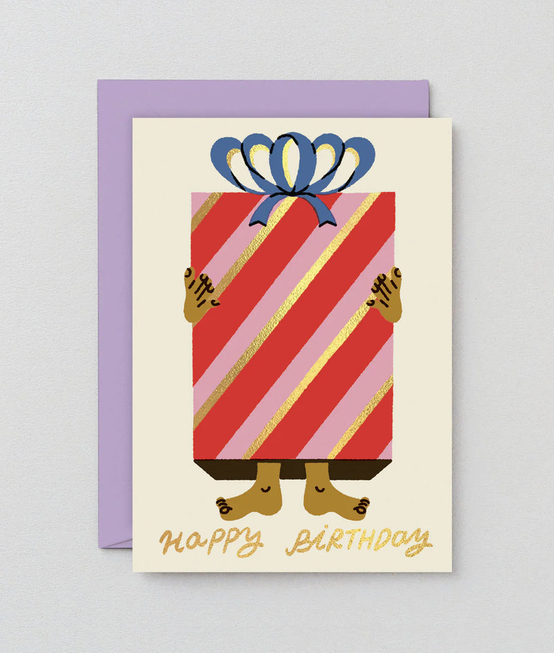 Birthday card with a red striped gift box and blue bow on a light gray background