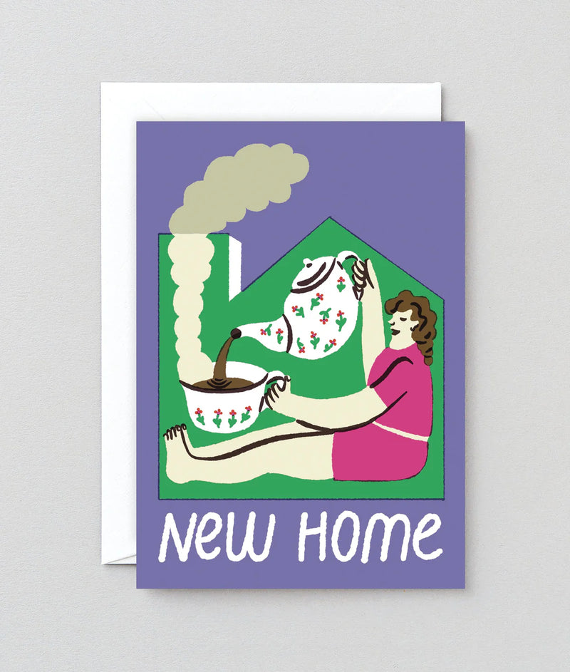 Greeting card with illustration of a woman pouring coffee, house, and 'New Home' text on a purple background.