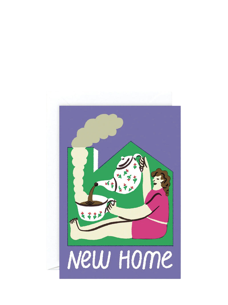 Illustration of a woman in a house with a baby and a cup, labeled 'New Home'.