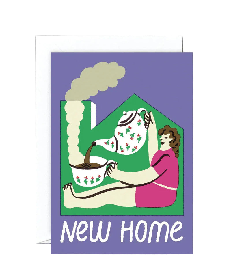 Greeting card with illustration of a woman pouring coffee, house, and 'New Home' text on a purple background.