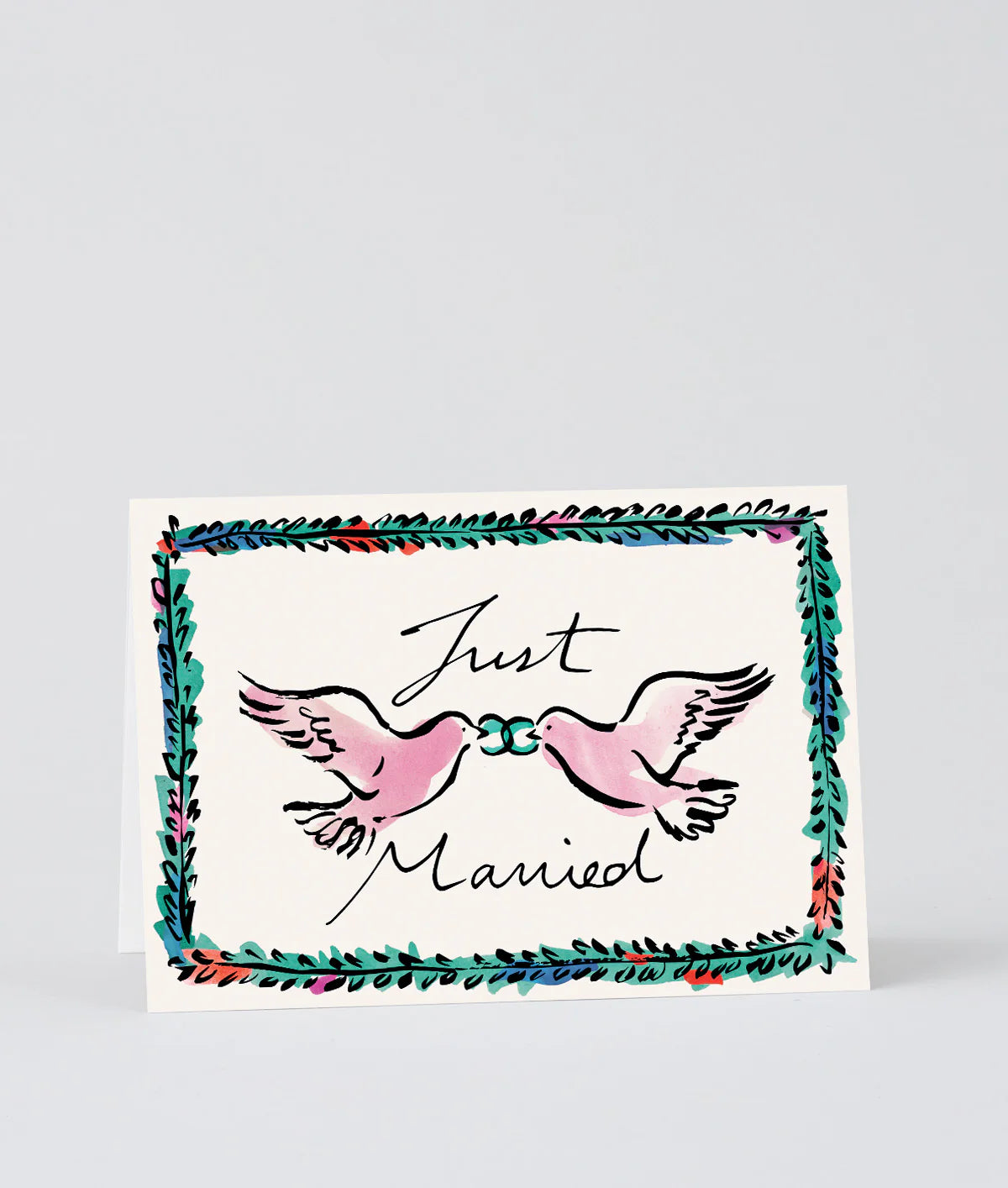 Card with two pink doves holding a ring and the text 'Just Married' on a light gray background.