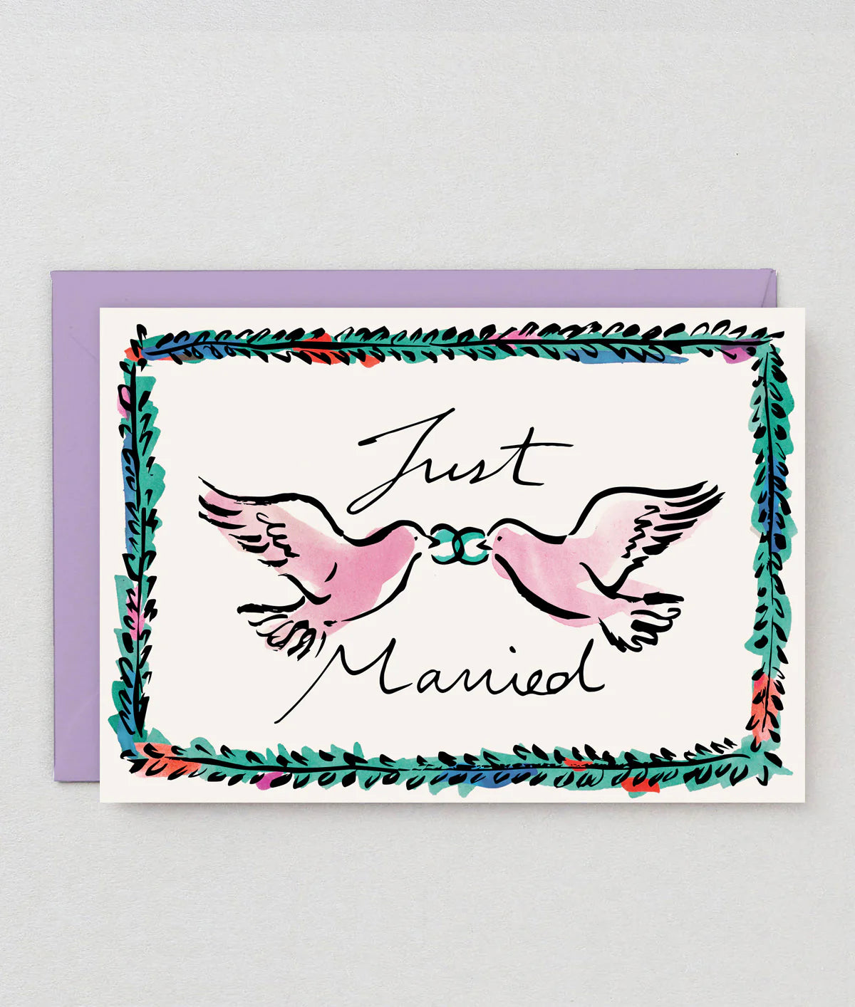 Greeting card with two pink doves holding a blue ribbon and 'Just Married' text on a white background with a purple border.
