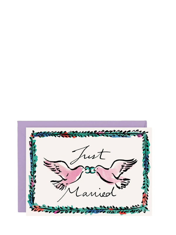 Card with 'Just Married' text and dove illustration on a white background