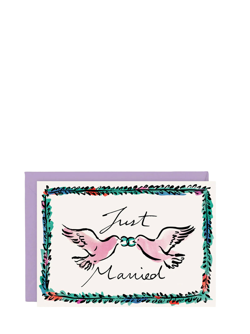 Card with 'Just Married' text and dove illustration on a white background