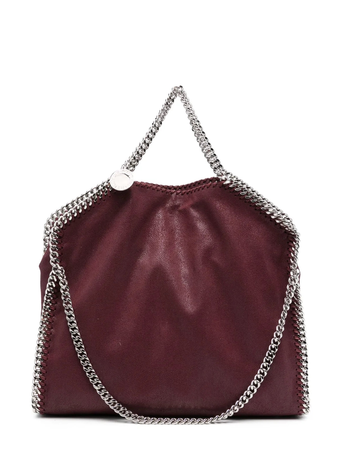 Burgundy handbag with silver chain details on a white background