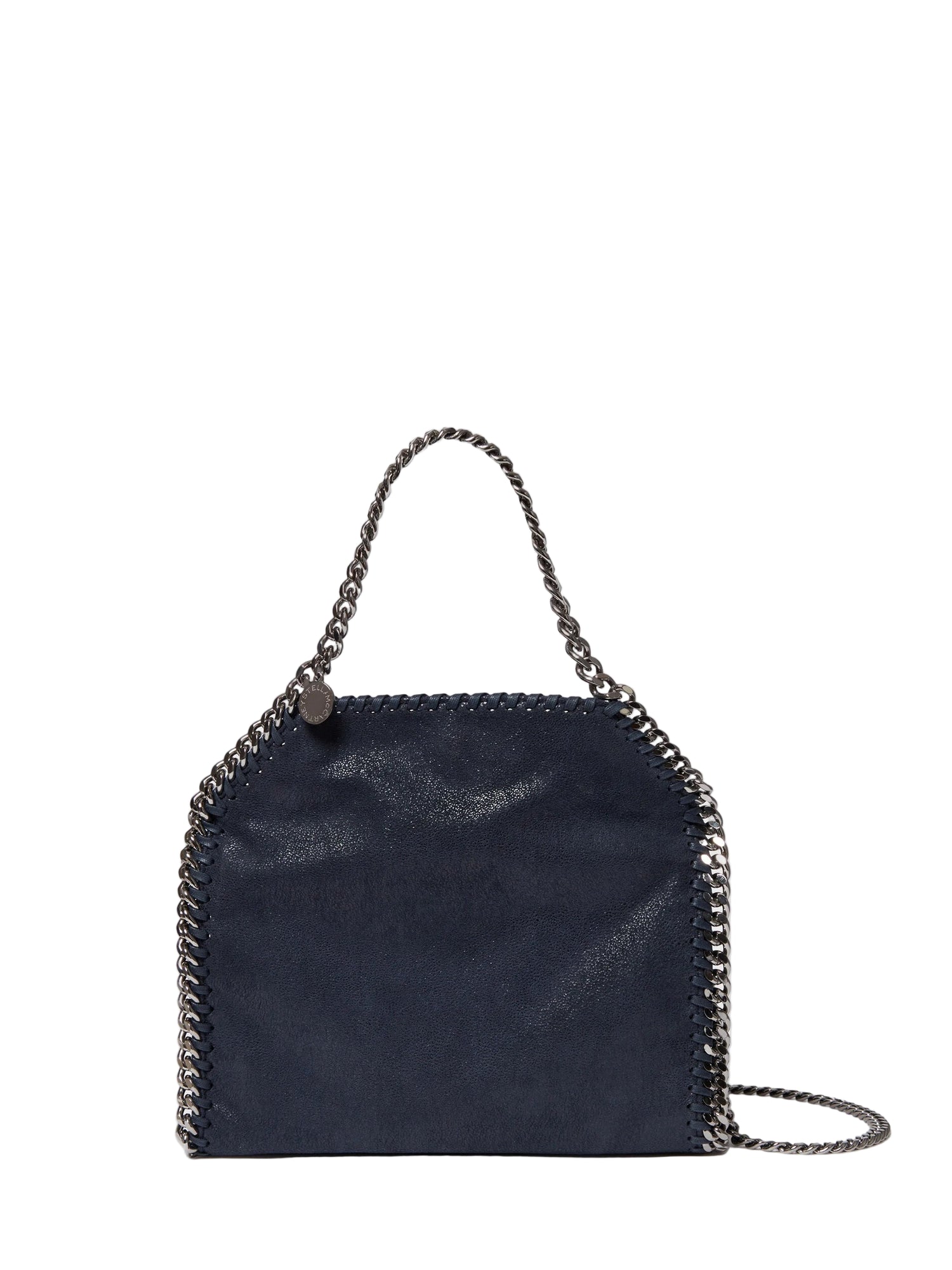 Dark blue handbag with chain detail on a white background