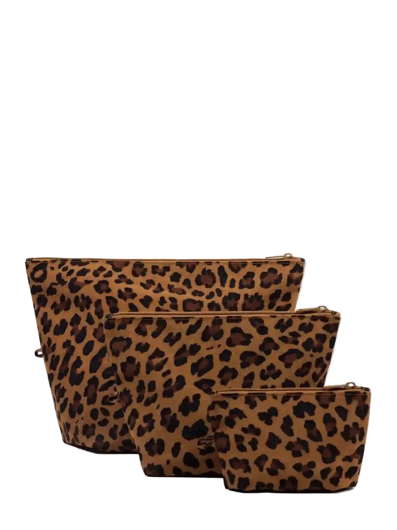 Three leopard-print zip pouches in different sizes arranged by size on a light gray background.