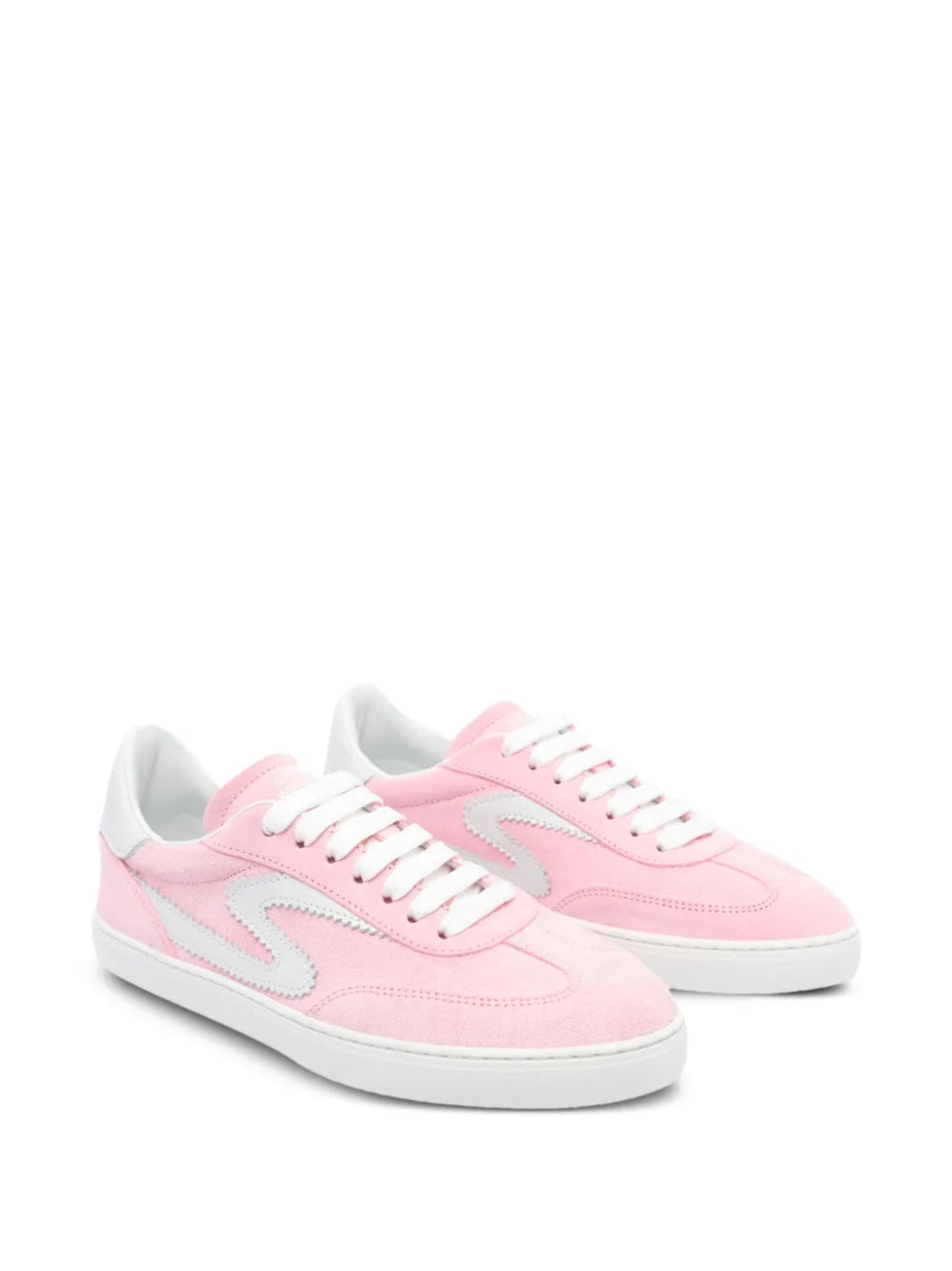 Pink sneakers with white laces on a white background