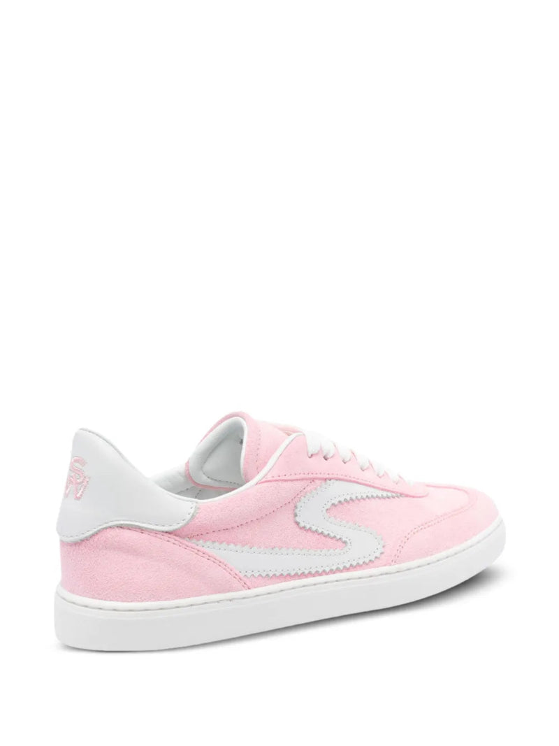 Pink sneaker with white accents on a white background