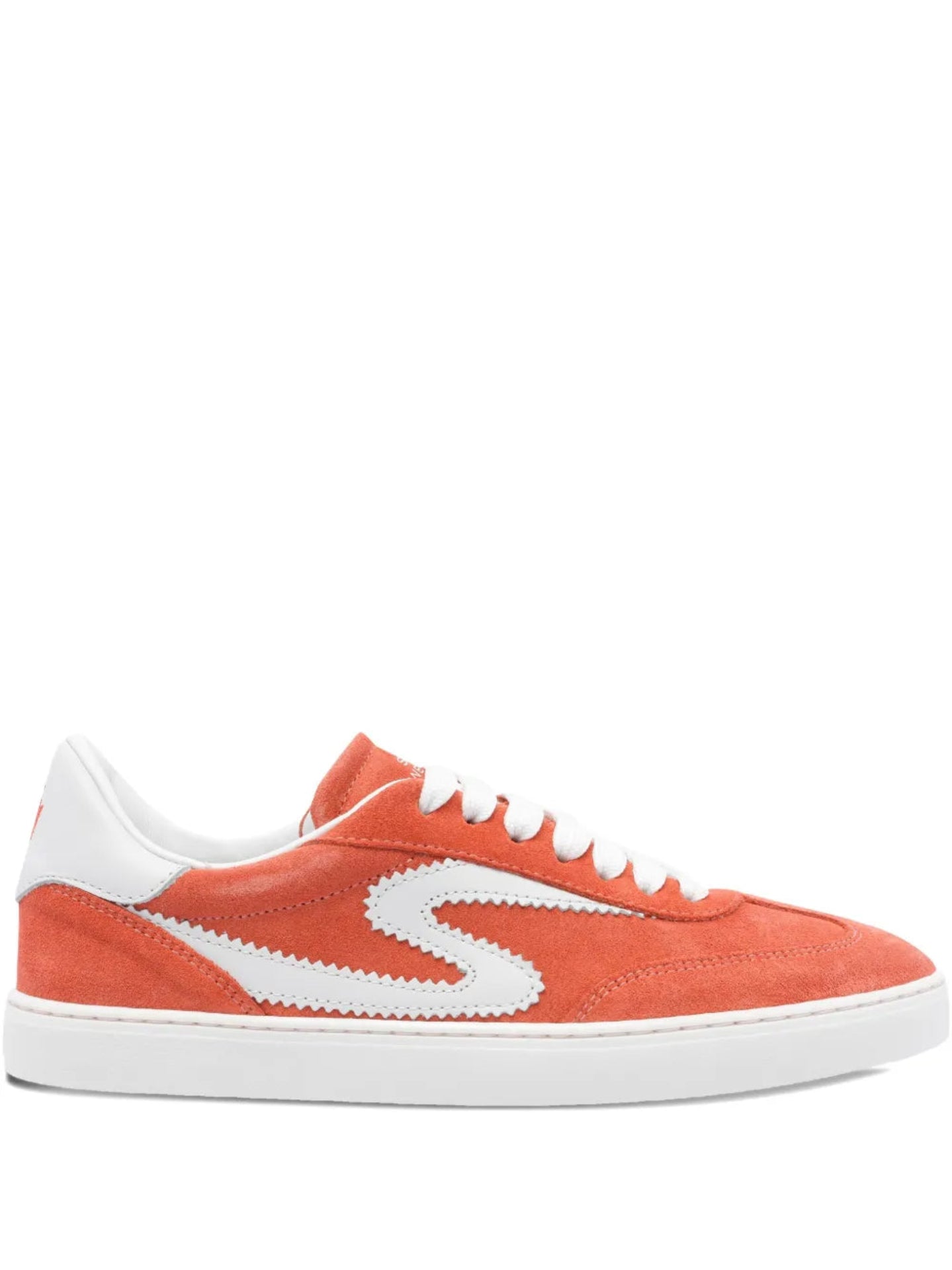 Orange sneaker with white laces and sole on a white background