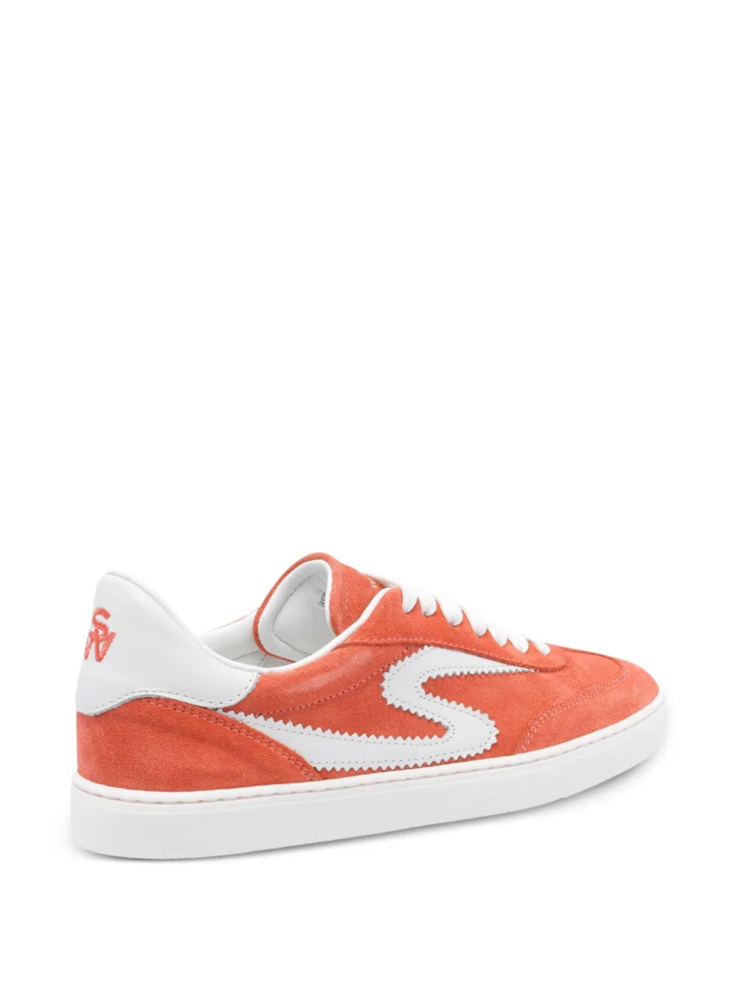 Orange sneaker with white accents on a white background