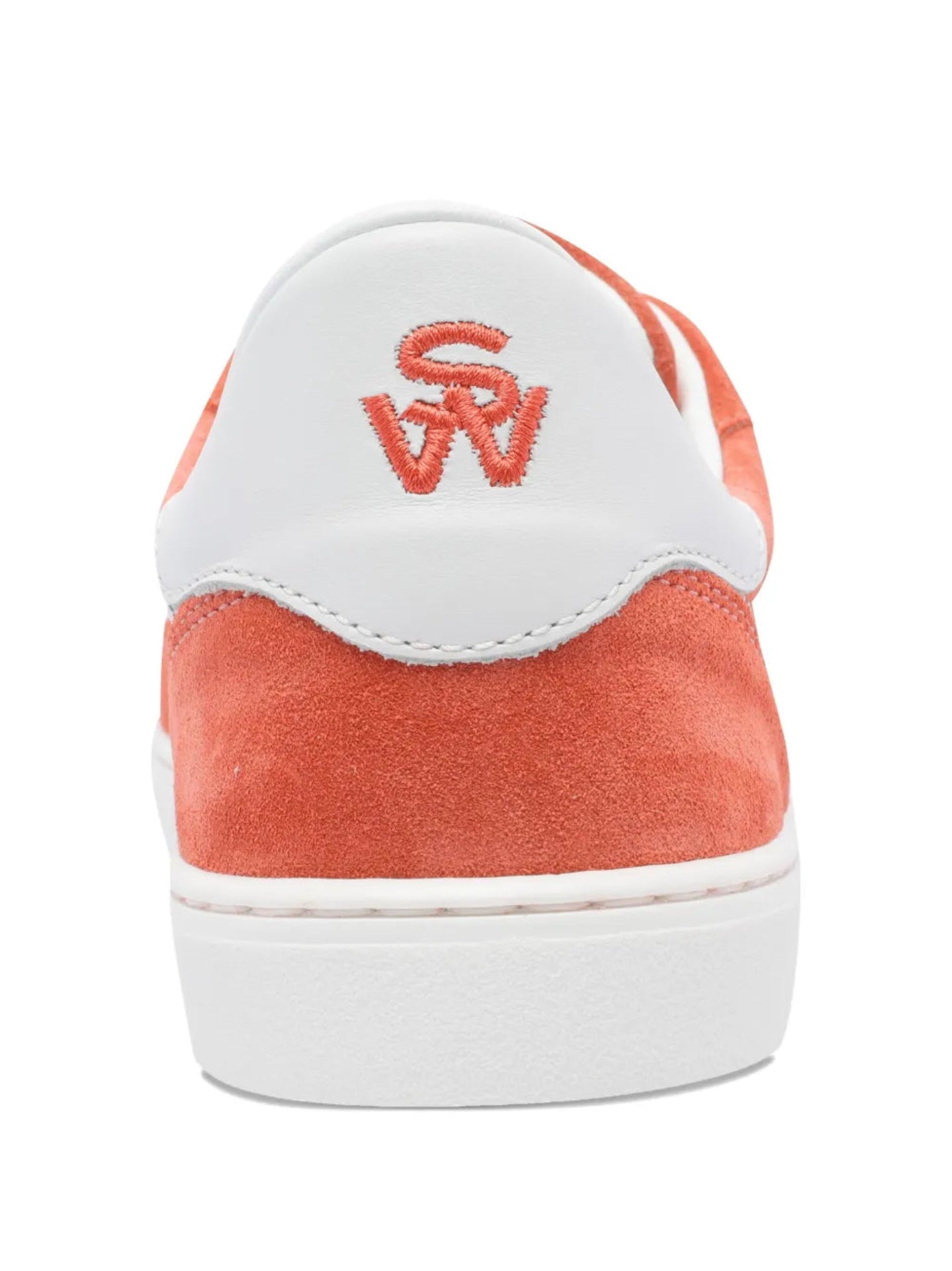 Orange sneaker with white sole on a white background