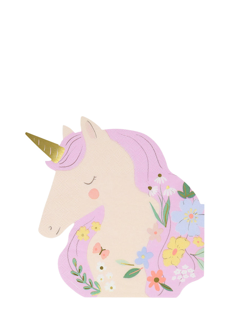 Unicorn-shaped party napkin with floral design on a white background