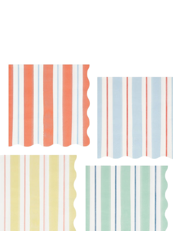 Set of four striped patterned paper napkins with different color schemes.