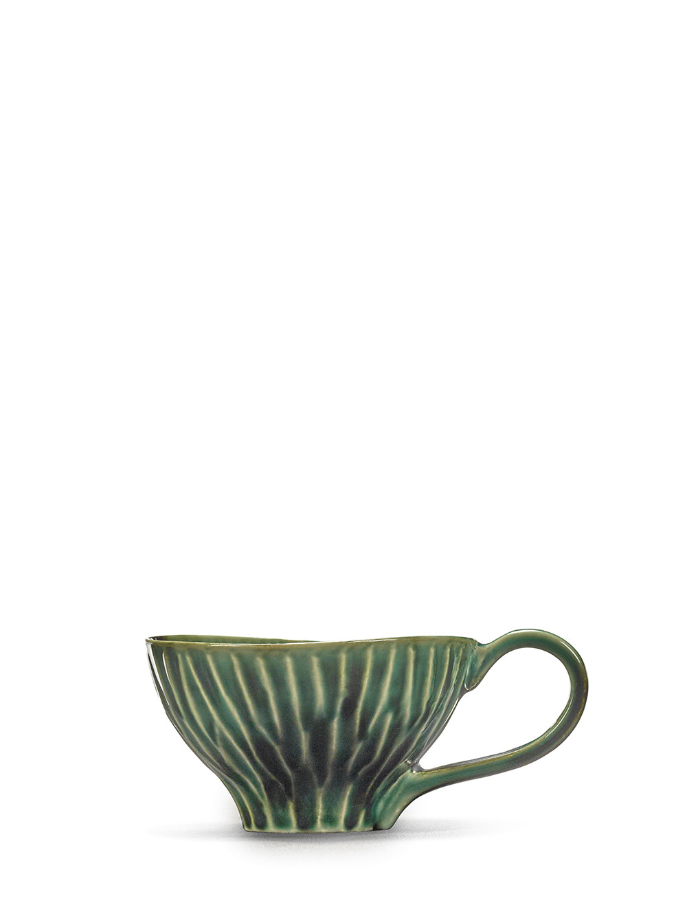 Green ceramic cup with ribbed texture on a white background