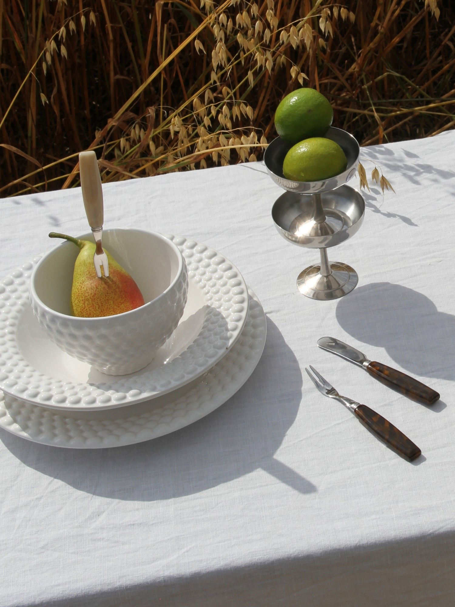 A styled table setting on a white tablecloth outdoors, featuring a white textured bowl and matching plates with a pear, a small silver pedestal dish with green limes, and two wooden-handled cutlery pieces on a white cloth, with dry grass in the background.