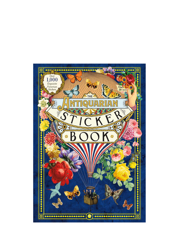 Cover of 'The Antiquarian Sticker Book' with decorative elements on a blue background