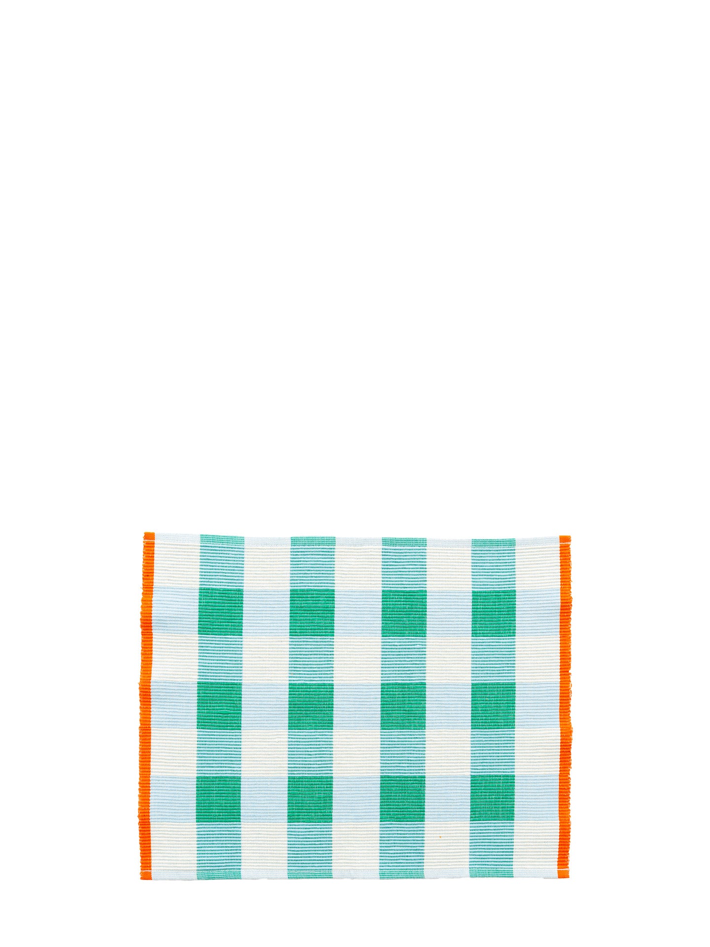 A rectangular woven placemat with a emerald green and light blue gingham check pattern and solid orange borders on the sides, shown on a plain white background.