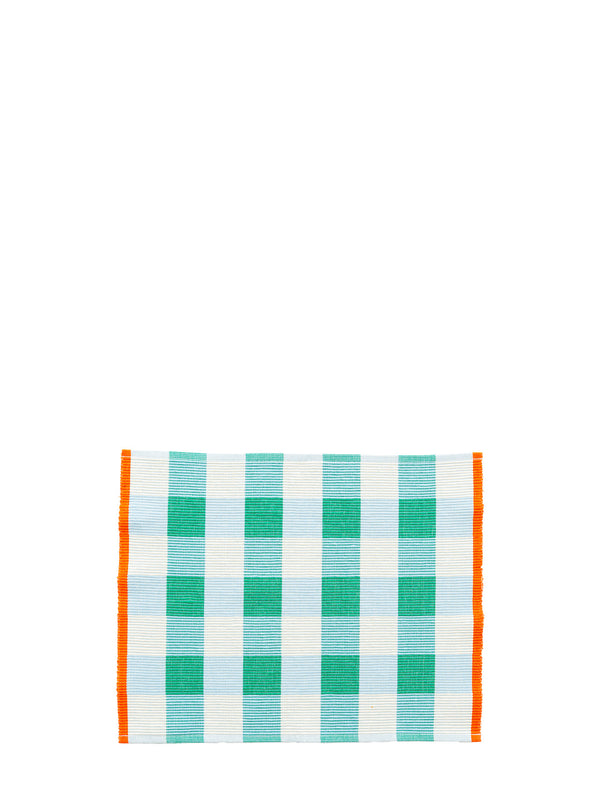 A rectangular woven placemat with a emerald green and light blue gingham check pattern and solid orange borders on the sides, shown on a plain white background.