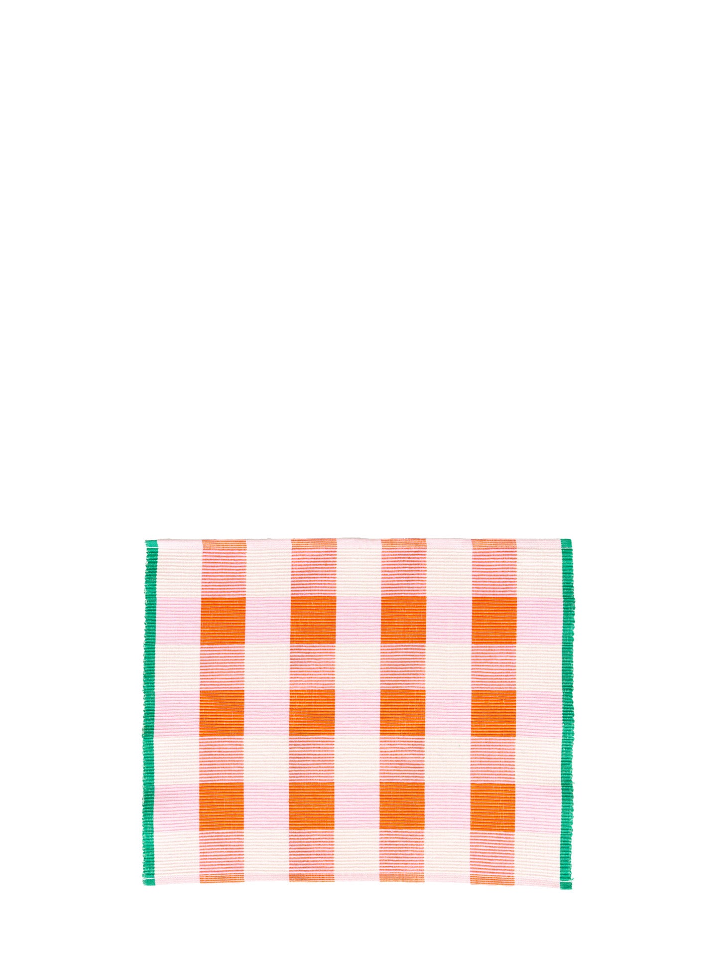 A square woven placemat with a pink, orange and cream beige gingham check pattern and a green border, shown on a plain white background.