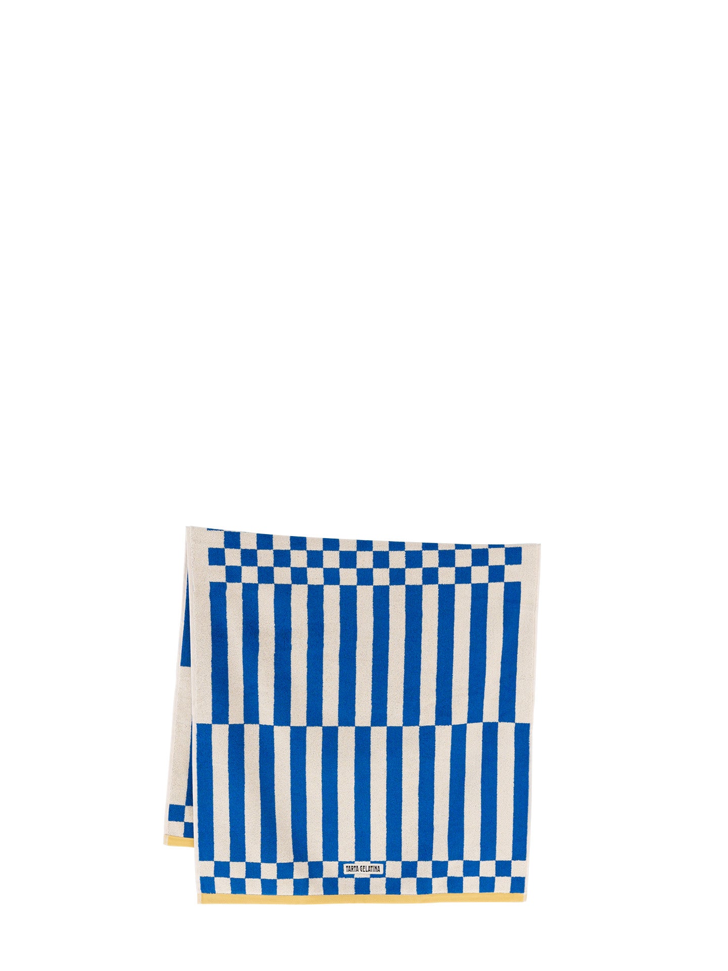 A folded bath towel with a blue and white striped pattern and checkerboard borders, featuring the 'Tarta Gelatina' brand label near on the bottom edge which has a contrasting yellow trim