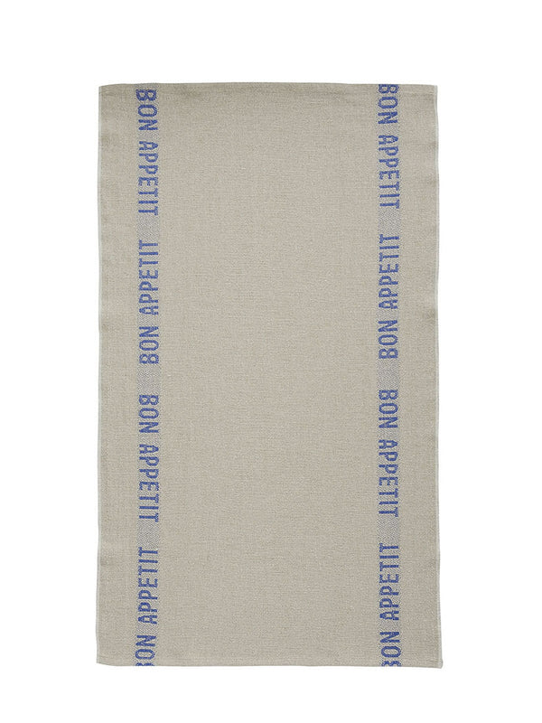 Linen kitchen towel with the blue text Bon Appetit