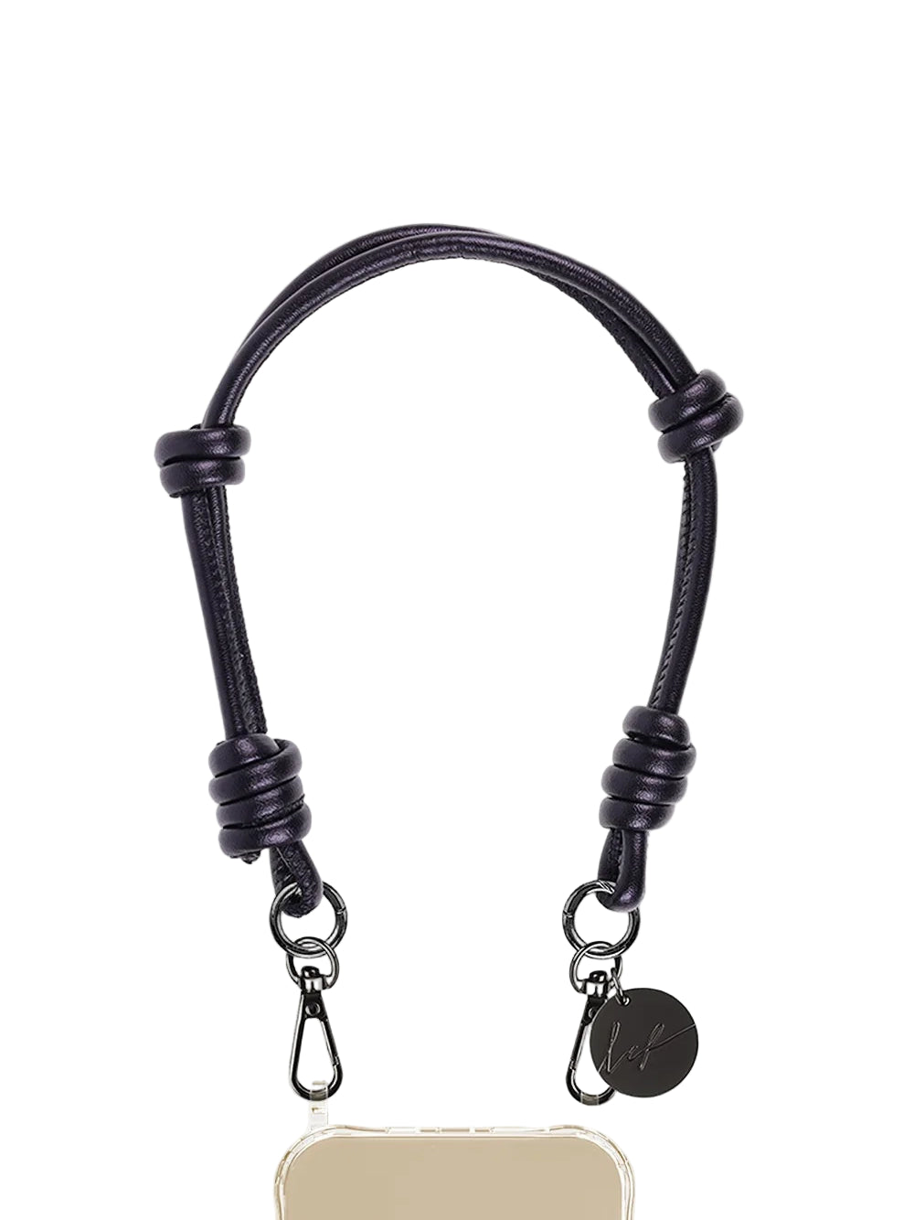 Black leather phone strap with metal hooks on a white background