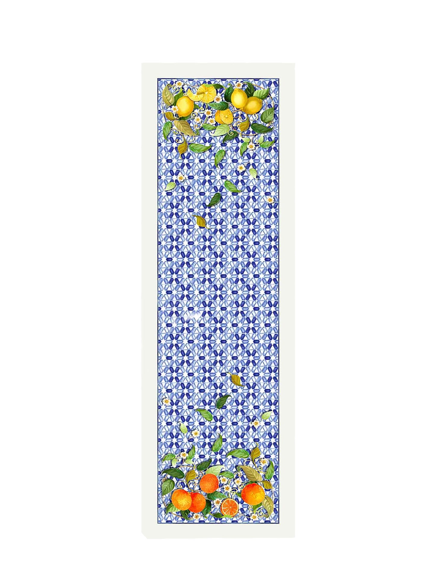 Runner tablecloth with a blue floral pattern and colorful fruit design on a white background