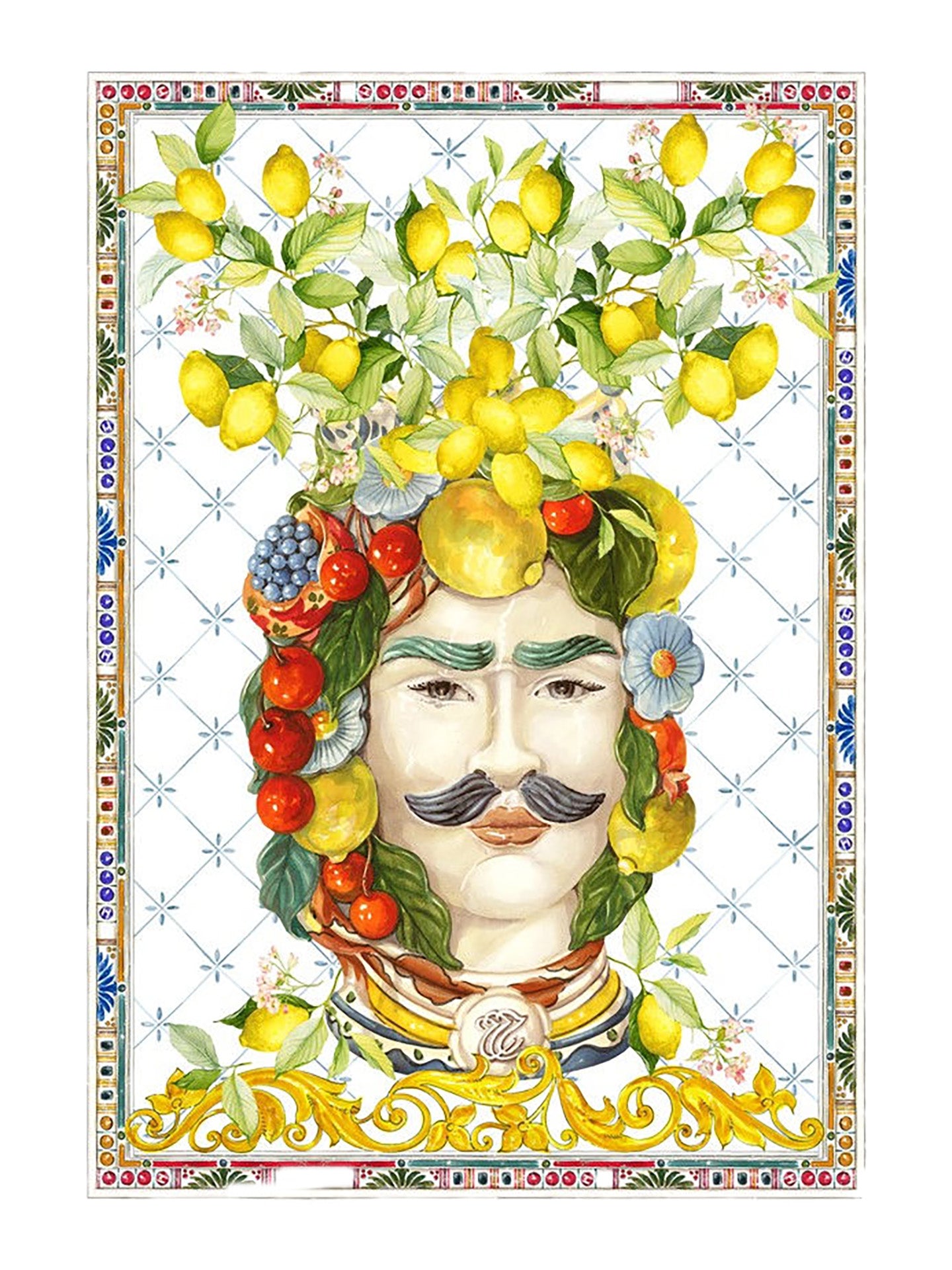 Decorative and colourful linen towel with a young man's mustached face surrounded by fruits and flowers, with lemons growing up from the top of his head, ornamental tile pattern at his backround and decorative frame around.