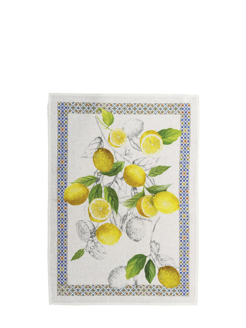 Tea towel with lemon design on a white background