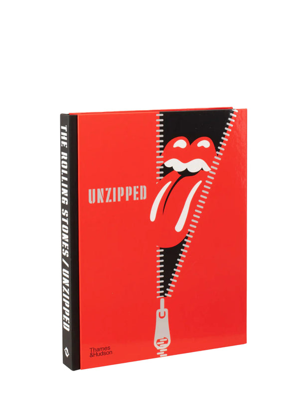 Red book cover with Rolling Stones logo and 'Unzipped' text on a white background