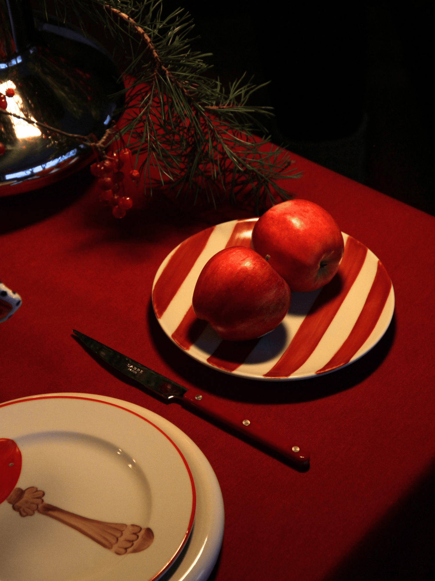 Stripes dessert plate, bold burgundy red