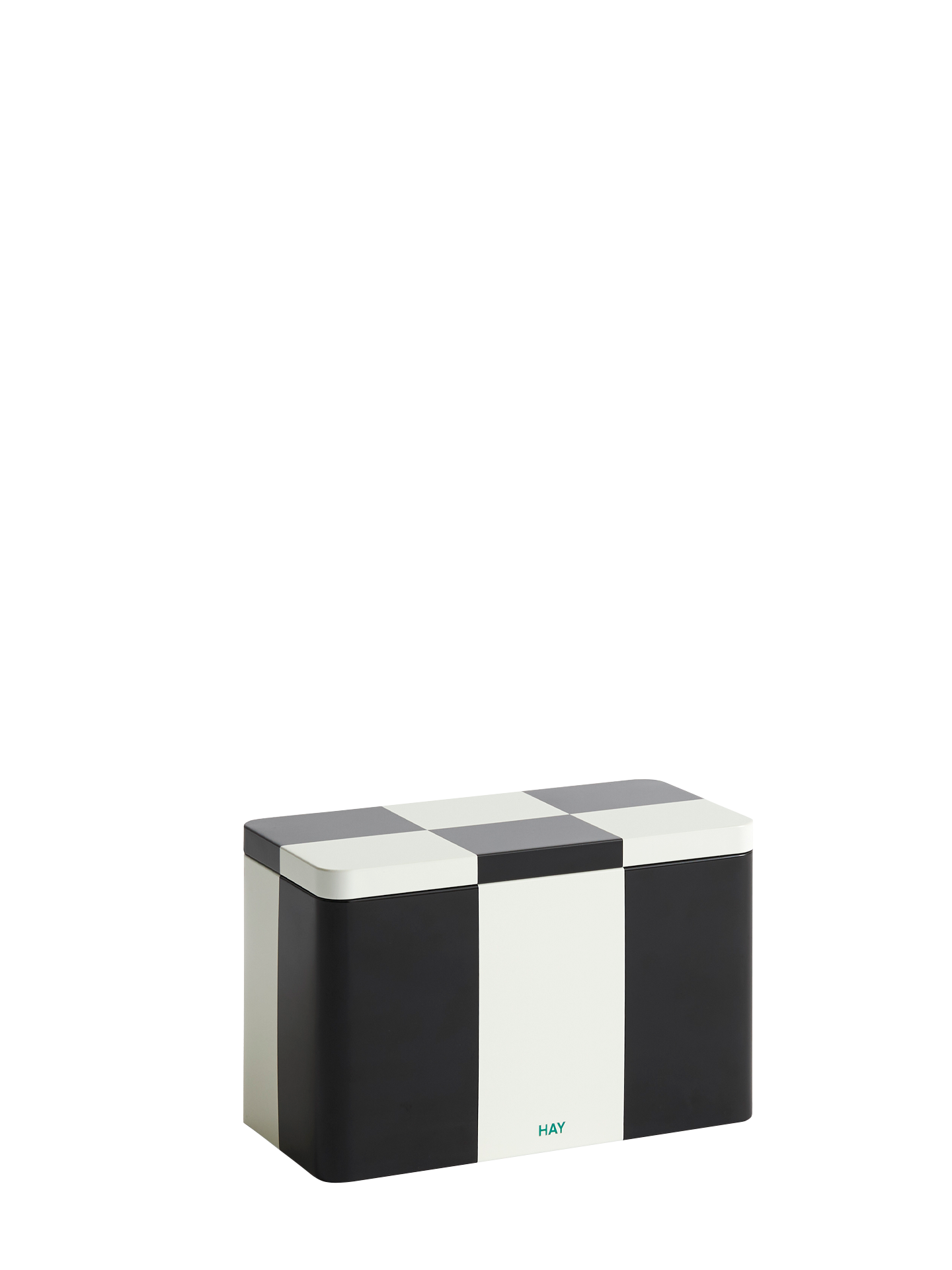 Tin M container, Black and off-white