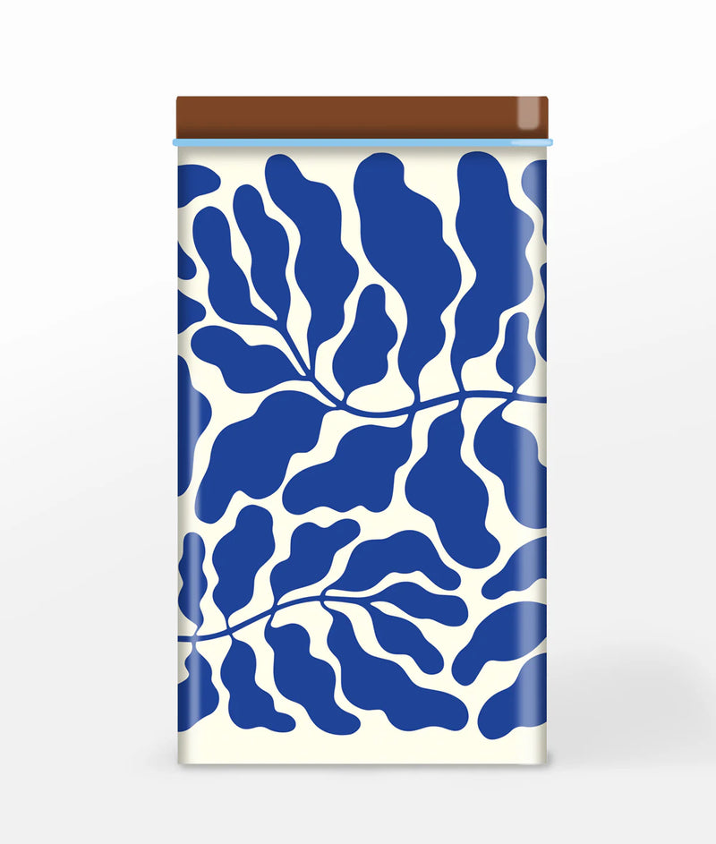 Leaves metal tin, blue-white