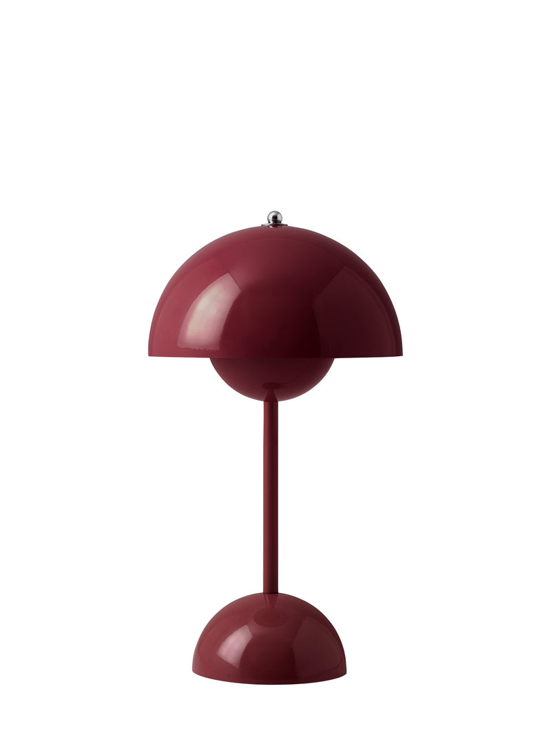 A modern mushroom-shaped table lamp in a glossy deep burgundy red, featuring a dome-shaped shade, a slim central stem, and a matching dome base on a plain white background.